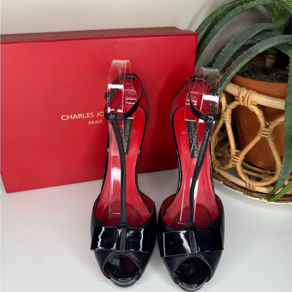 Charles Jourdan Paris Black Leather Ankle Strap Peep Toe Heels Bow Detail 8.5M - Picture 2 of 13